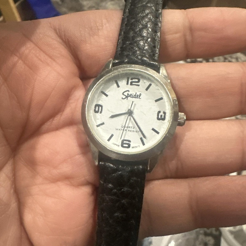 Working Vintage Speidel Ladies Watch Black Leather Quartz 28mm Fit 7in New Batt